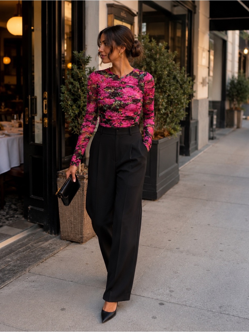 Zara Pink Floral Long-Sleeve Mesh Top
